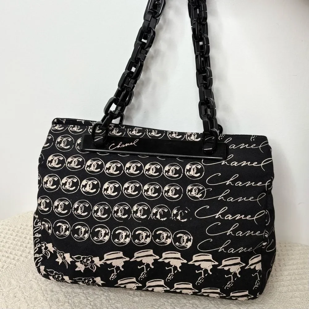 Y2K Vintage CHANEL Canvas Camellia Flower Tote Authentic Acrylic Chain Strap